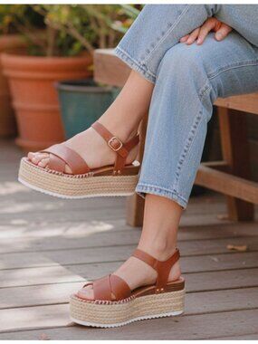 Tan Platform Espadrille Sandals With Buckle Strap Crisscross Upper & White Sole